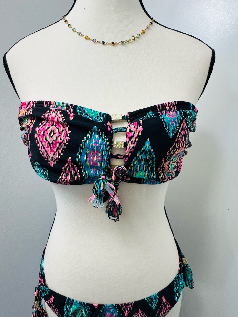 Black Bandeau Bikini with Pink & Teal Aztec Print S/M - Picture 3 of 5